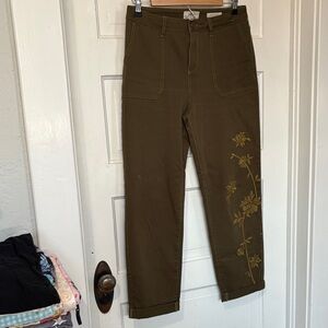 LOGO Olive Green Floral Embroidered Boyfriend Pants size 6